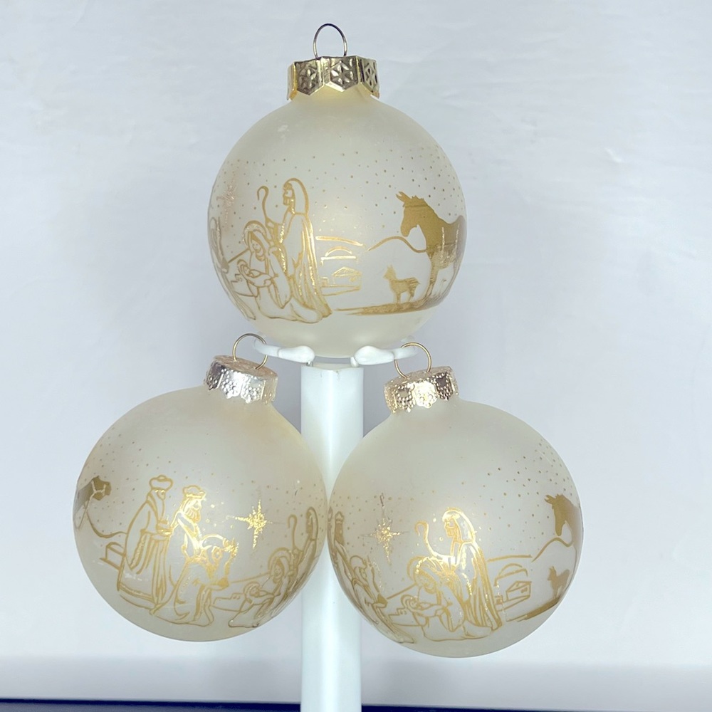 Vintage Rauch Opaque Glass Ornaments Gold Nativity Set of 3 READ below
